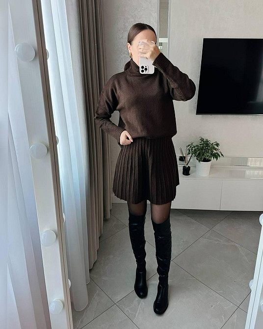 Женский уютный теплый костюм: свитер и юбка мелкая машинная вязка Одесса - изображение 2