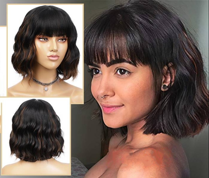 Коротка хвиляста термостійка жіноча перука каре з чубчиком, чорна з меліруванням, 14" 35 см, брюнетка балаяж волосся Київ - фото 3