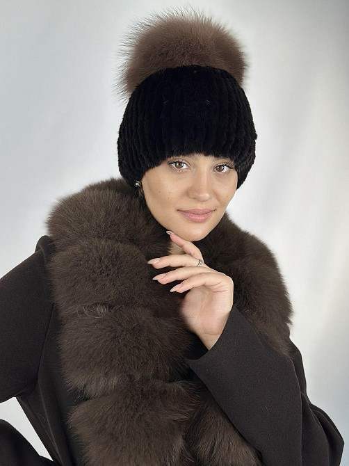 Норковая  меховая шапка женская с помпоном  песца Шоколад Харьков - изображение 4