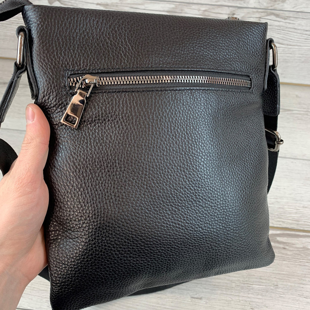 Чоловіча сумка через плече з натуральної шкіри каркасна маленька містка, чорнаMasterSem Київ - фото 9