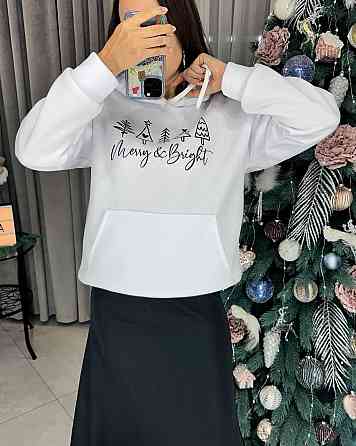 Женское уютное оверсайз худи с новогодним принтом трехнитка на флисе Молочный, 48/52 Одесса