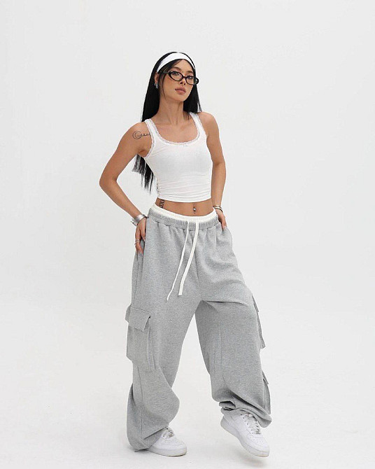 Жіночі широкі оверсайз штани з накладними кишенями двонитка Одеса - фото 5