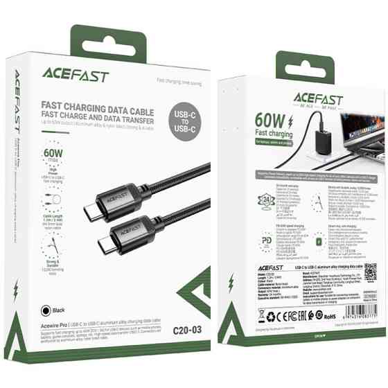 Кабель USB 2.0 Type-C M-M, 1.2м 60W aluminum alloy Black, C20-03 Acefast Вінниця