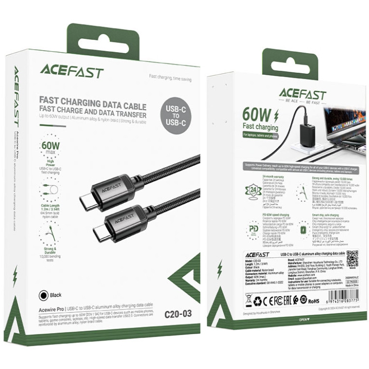 Кабель USB 2.0 Type-C M-M, 1.2м 60W aluminum alloy Black, C20-03 Acefast Вінниця - фото 4