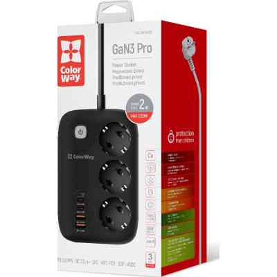 Сетевой фильтр питания ColorWay CW-CHE34PDB 3 роз/4USB GaN3 Pro (CW-CHE34PDB) Винница