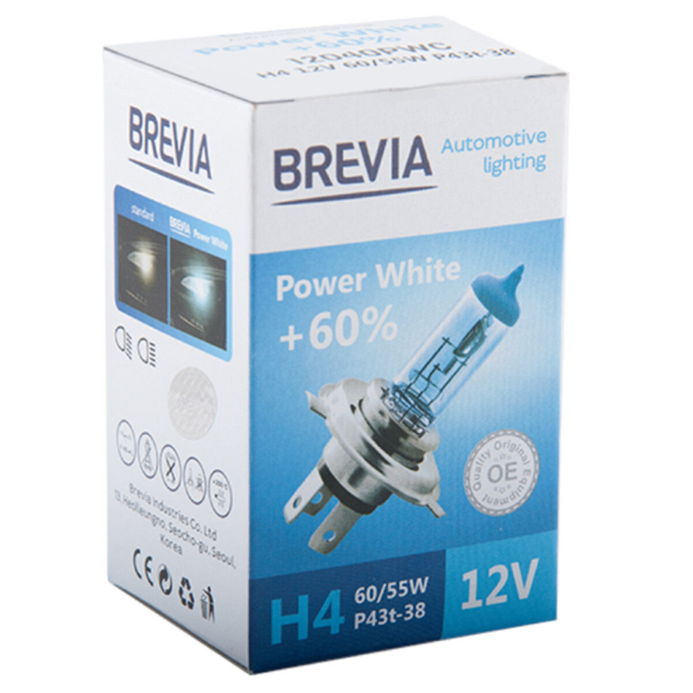 Галогенова лампа Brevia H4 12V 60/55W P43t Power White +60% 4300K CP Киев - изображение 1