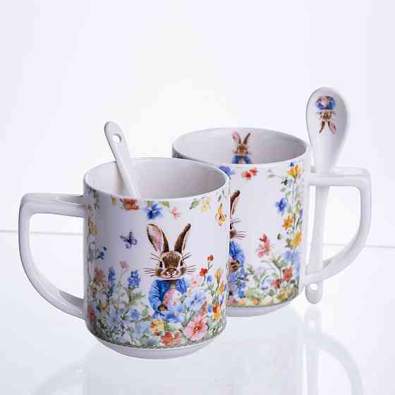 Набір подарункових чашок порцелянових Garden Rabbits 2 штуки по 300 мл із ложками HP-7323-3 Коломия