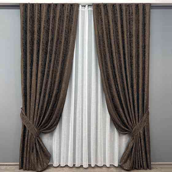 Комплект штор VR-Textil Льон Мармур 150х270 2шт і Тюль 400х270 1910ш-115т Венге з білим 71-130/3 Київ