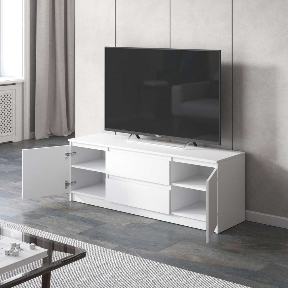 Тумба под телевизор VAYS, для гостиной, современная, 2 выдвижных ящика и две двери, без ручек R-28 Венге Темный-Белые планки Львов - изображение 2