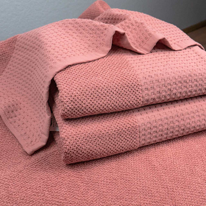 Комплект махрових рушників Вафельний Бордюр 3шт GM Textile 50х90см, 50х90см, 70х140см 450г/м2 (Пудра) Суми - фото 4