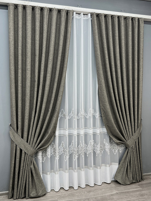 Комплект штор VR-Textil Льон ALORA-TON 200х270 2шт і Тюль 600х270 1871ш-1708т Сірий з білим 71-203/7 Київ - фото 2