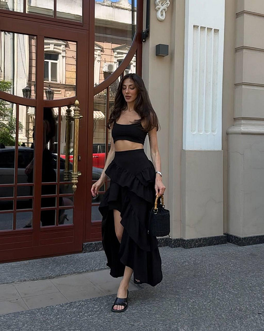 Жіноча романтична довга спідниця з воланами льон бохо Чорний, 42/44 Одеса - фото 1