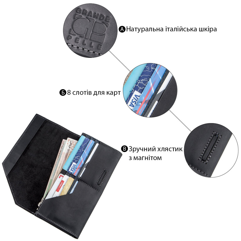 Шкіряний клатч унісекс на магніті GRANDE PELLE 11214 Чорний Київ - фото 4