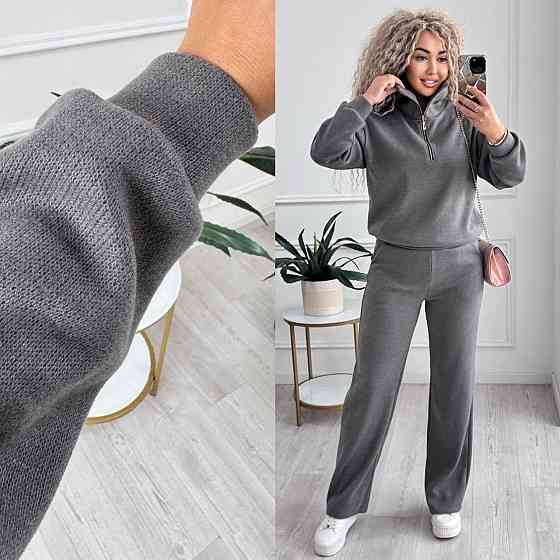 Жіночий стильний і теплий в'язаний костюм осінь-зима на трикотажній основі. Графіт, 52/54 Одеса