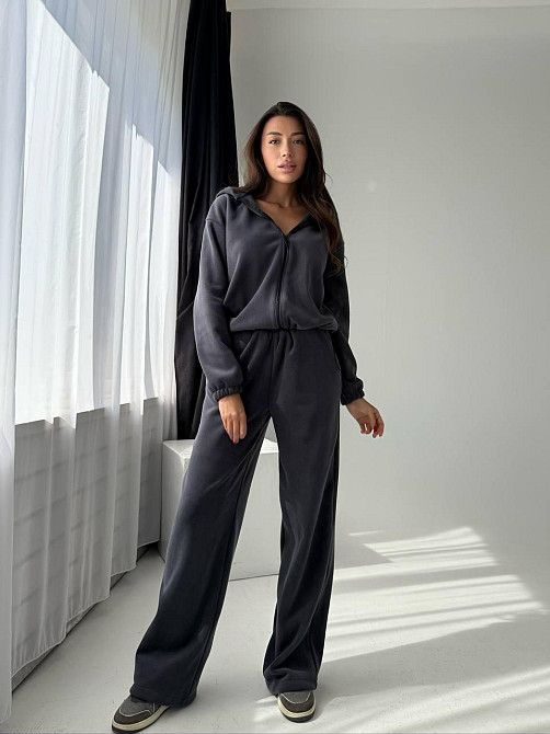 Женский повседневный теплый плюшевый костюм турецкий двухсторонний флис Графит Одесса - изображение 1