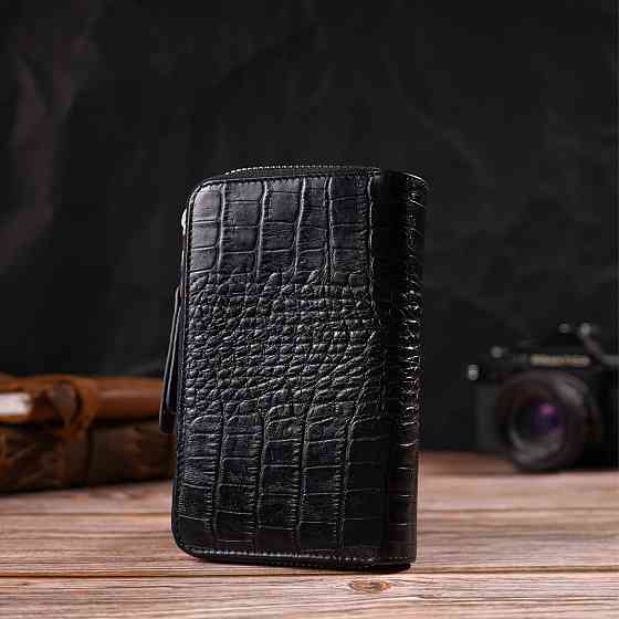 Стильне жіноче портмоне середнього розміру з натуральної шкіри з тисненням під крокодила Чорне (CANPELLINI) Київ