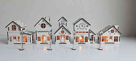 Різдвяні будиночки з підсвіткою — новорічний декор з дерева, комплект 5 шт. Ірпінь