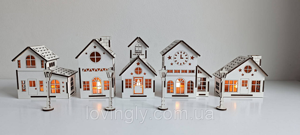 Рождественские домики с подсветкой - новогодний декор из дерева, комплект 5 шт. Ирпень - изображение 3