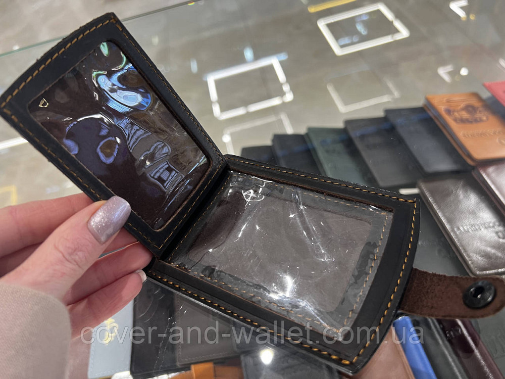 Шкіряна обкладинка для авто документів на кнопці (коричнева) Київ - фото 12