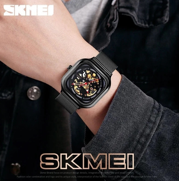 Чоловічий механічний годинник Skmei 9184 скелетон (Чорний) Київ - фото 7