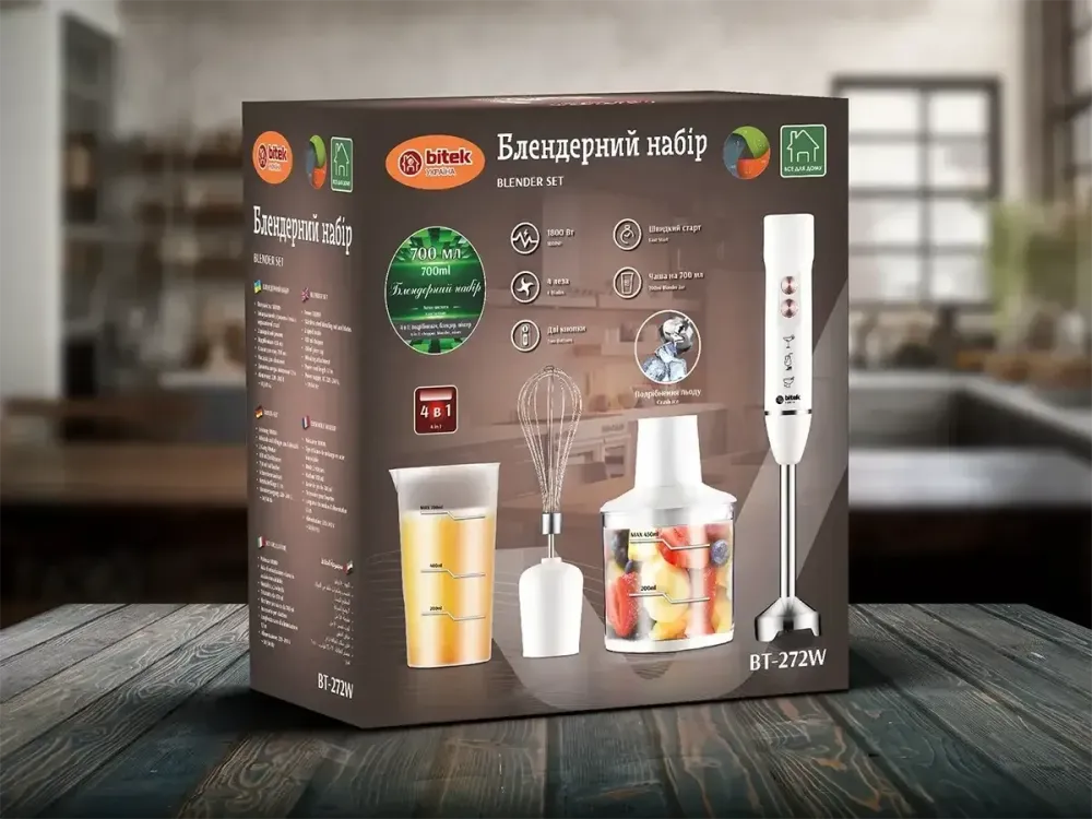 Блендерний набір 4в1 1800Вт BITEK BT-272W, 2 режими, подрібнювач 400мл, чаша 700мл, вінчик для збивання Одеса - фото 1