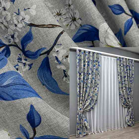 Комплект готових штор VR-Textil Льон з квітковим принтом "Прованс" № 1725ш Світло-сірий з синім 200х265 см 2 шт (32-313) Київ