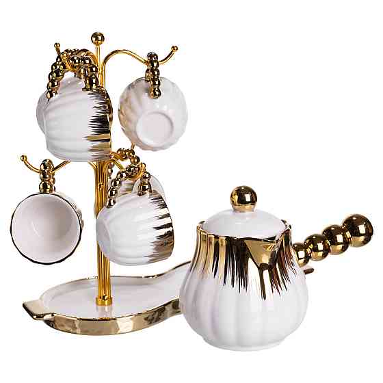 Кавовий сервіз на підставці з туркою 450 (мл) 6 чашок по 90 (мл) подарунковий набір чашок на підставці Білий із золотом FM-JJ-5 Коломия