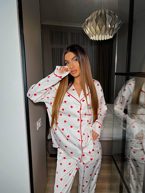 Женская пижама двойка с сердечками из шелка армани Белый, 52/54 Одесса - изображение 6