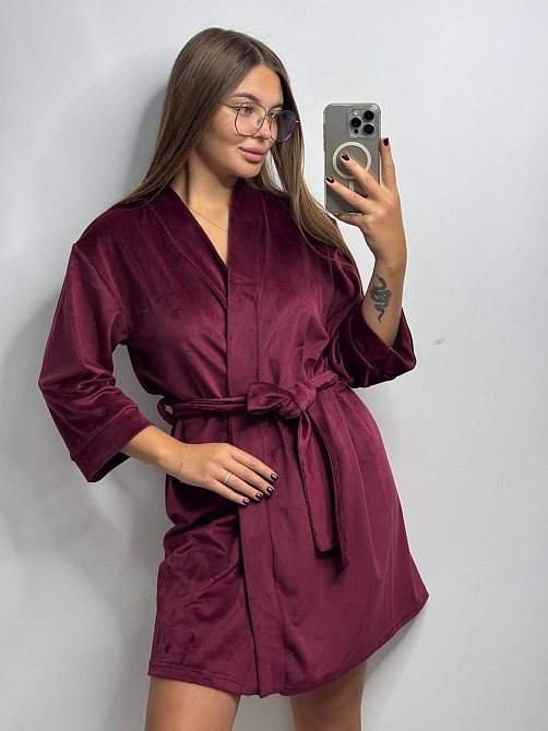 Халат жіночий плюш велюр під пояс Бордовий XL Харків - фото 1
