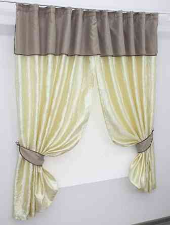 Кухонные шторы VR-Textil № 073к с ламбрекеном и подхватами светло-золотистый с какао 270х170 см (52-0168) Киев