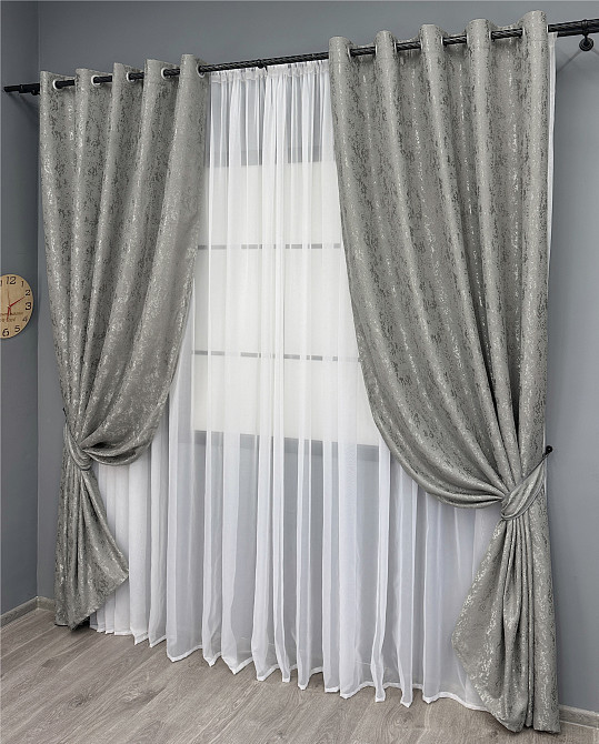 Комплект штор на люверсах VR-Textil Лен мрамор Pavliani № 1665ш Серый 150х270 см 2 шт (37-0181) Киев - изображение 3