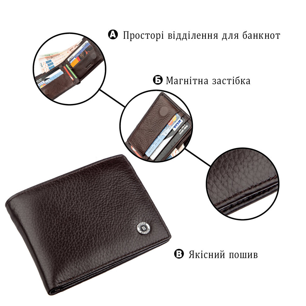 Кожаный мужской бумажник на магните Коричневый (Boston) Киев - изображение 2