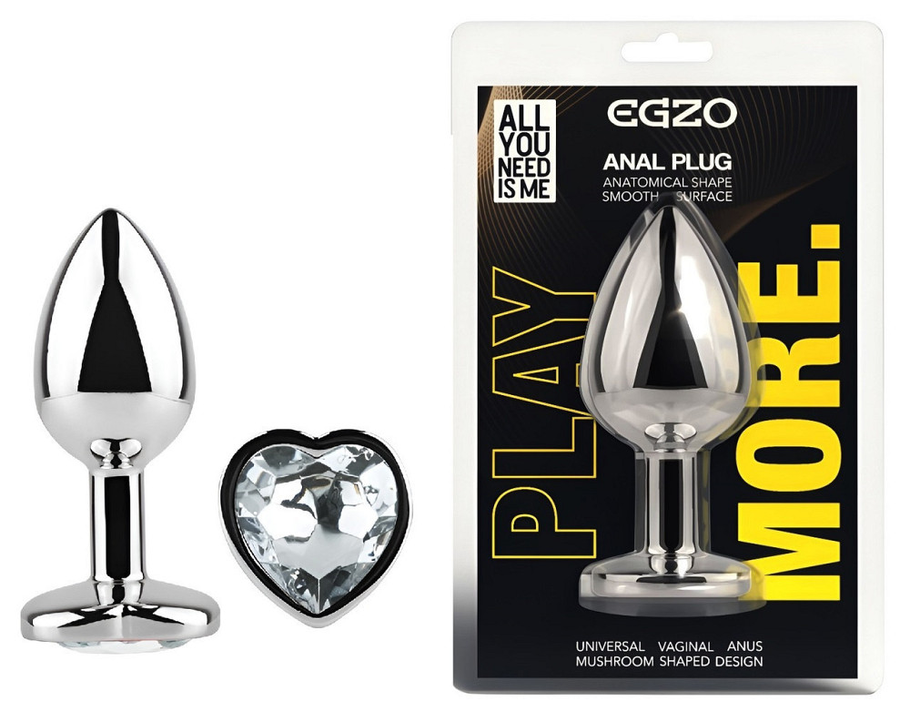 Анальна пробка з кристалом EGZO - Silver Heart Plug Clear size S Sex Aura Київ - фото 1