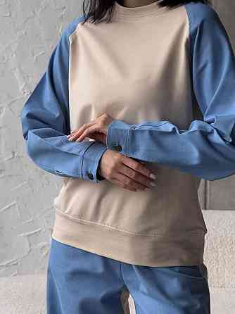 Жіночий ефектний комбінований костюм-двійка: кофта та штани джинс-котон + турецька двонитка Блакитний, 46/48 Одеса