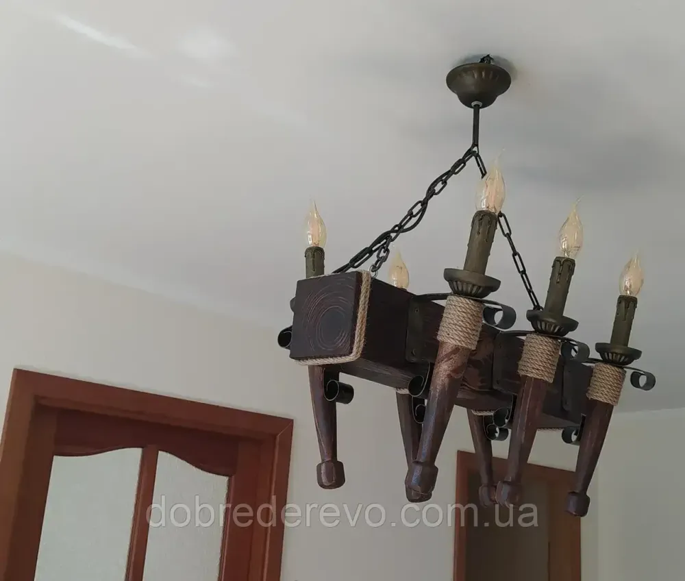 Люстра деревянная балка на цепи на 6 факелов беседку, сауну, дом - ковка под старину. Вижница - изображение 2