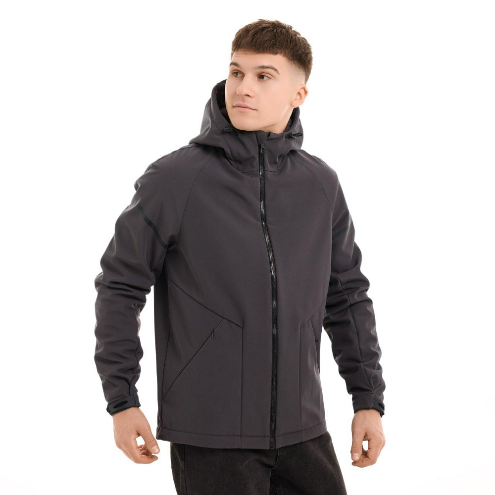 Чоловіча куртка весна осінь демісезонна з капюшоном softshell темно-сіра Победов Одеса - фото 4