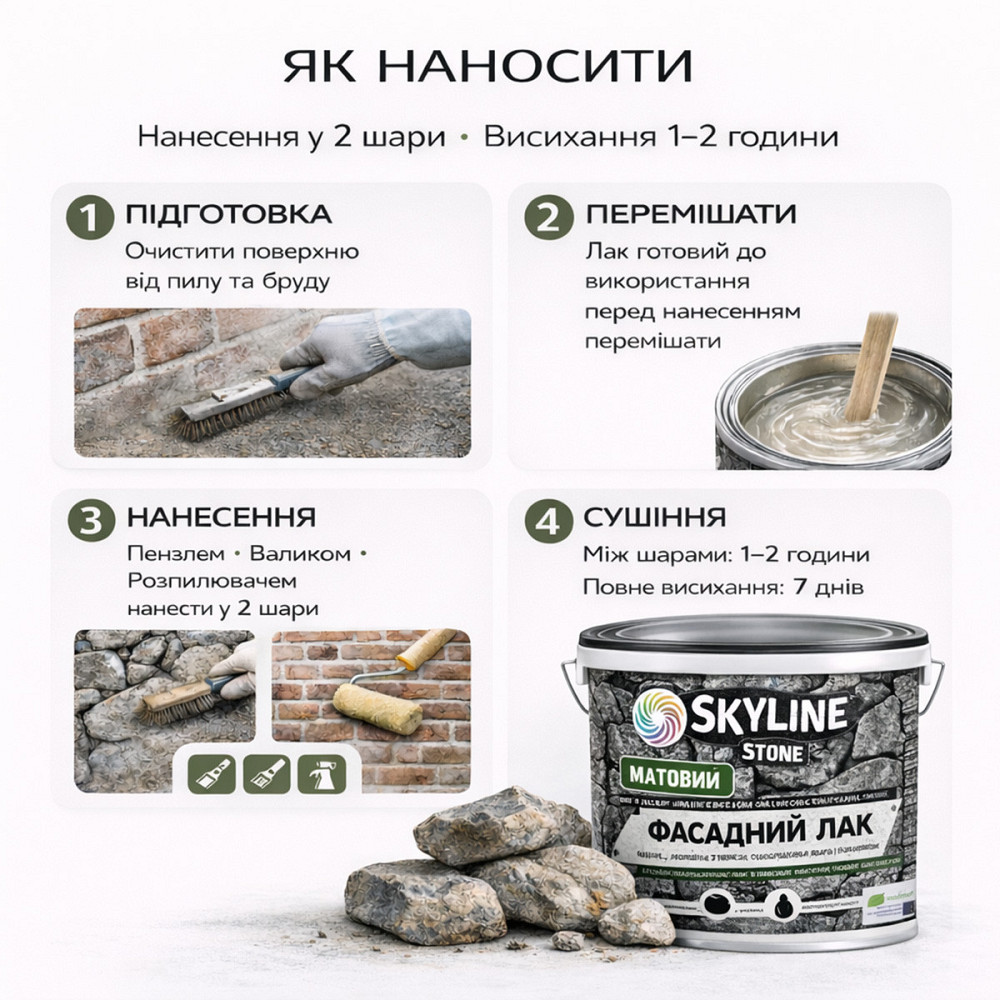 Фасадний акриловий лак для каменю SkyLine Stone матовий прозорий 5 л (для фасаду будинку та цоколя) Харків - фото 7