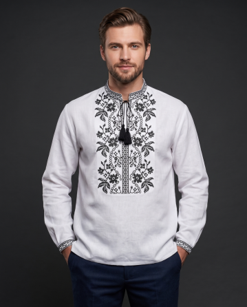 Чоловіча вишиванка на довгий рукав чорним орнаментом на білому полотні Київ