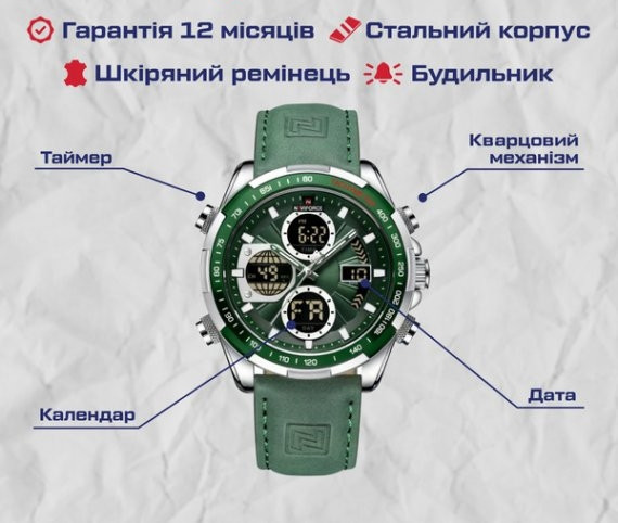 Годинник чоловічий тактичні Naviforce Fly Army Hook Green (2 ремінці) Київ - фото 8