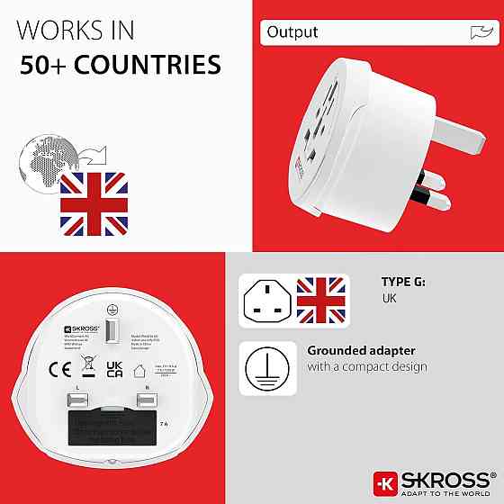 Адаптер-перехідник SKROSS 101308 / 1.500225-E білий для UK (BS) подорожній заземлений 230V універсальний для 50+ країн ноутбука Київ