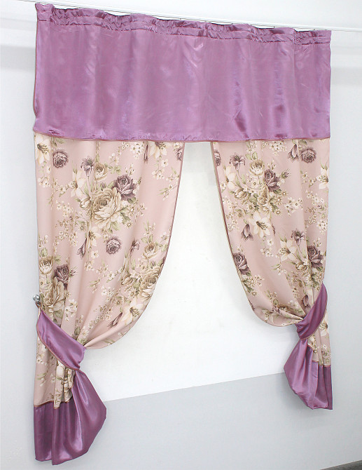 Кухонные шторы VR-Textil № 073к с ламбрекеном и подхватами лиловый с персиковым 270х170 см (52-0485) Киев - изображение 2