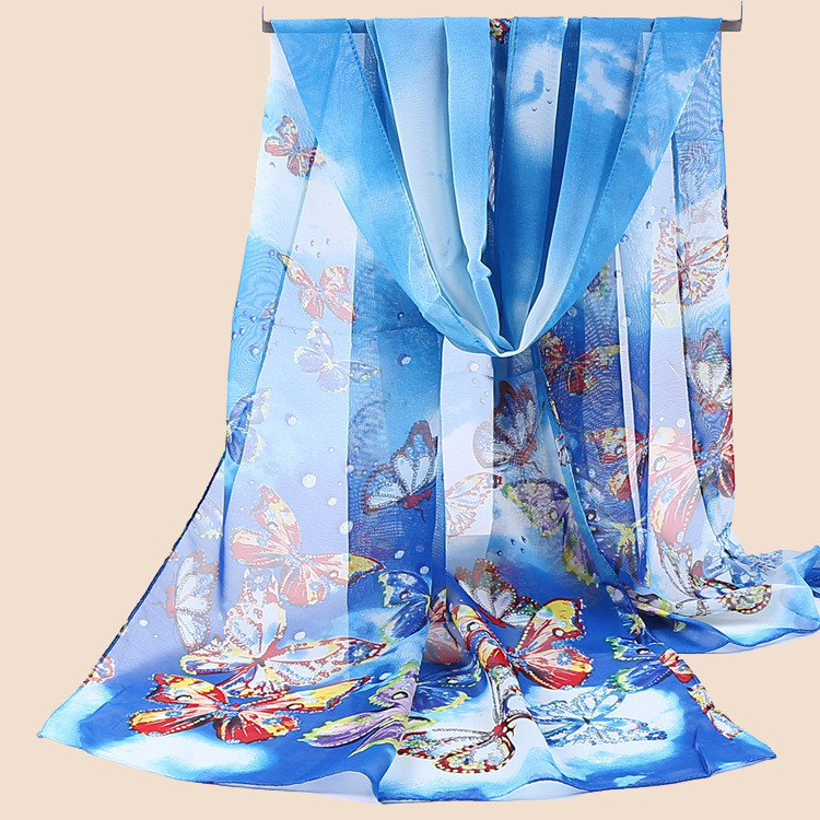 Женский шифоновый шарф с бабочками 145 на 48 см синий Киев - изображение 4