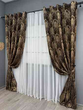Комплект штор на люверсах VR-Textil Парча № 1772ш Коричневий з карамельним 155х270 см 2 шт (37-0258) Київ