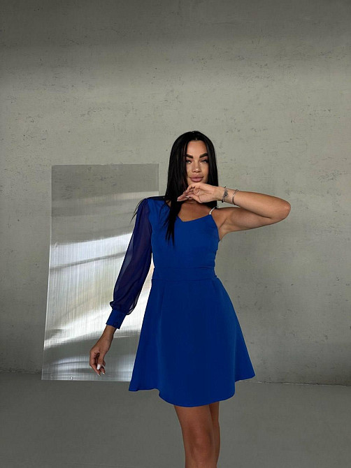 Жіноча святкова міні сукня на одне плече костюмка із шифоновим рукавом Електрик, 46 Одеса - фото 7