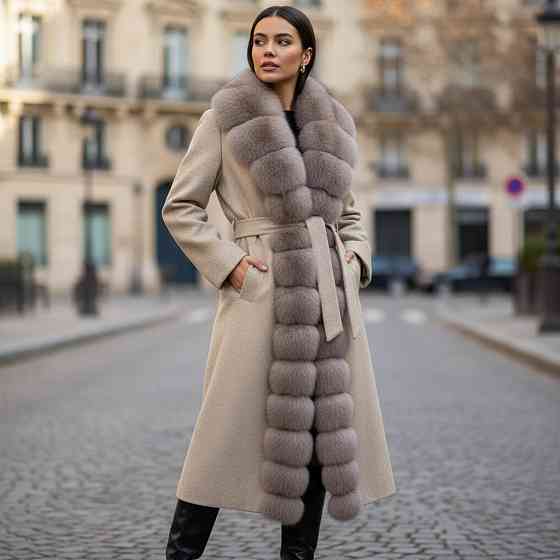 Женское кашемировое пальто с мехом по всей длине Бежевий, 48 Харьков