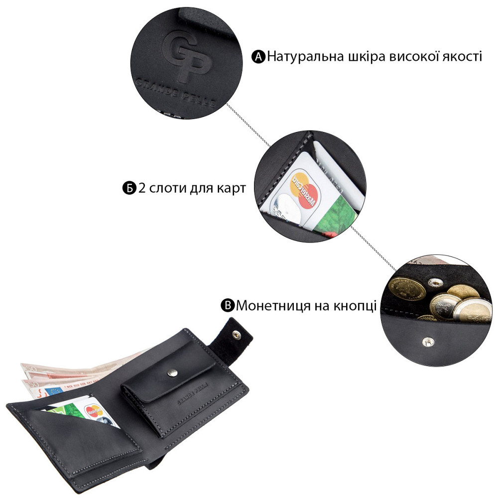 Компактное мужское портмоне в винтажном стиле Черное (GRANDE PELLE) Киев - изображение 2