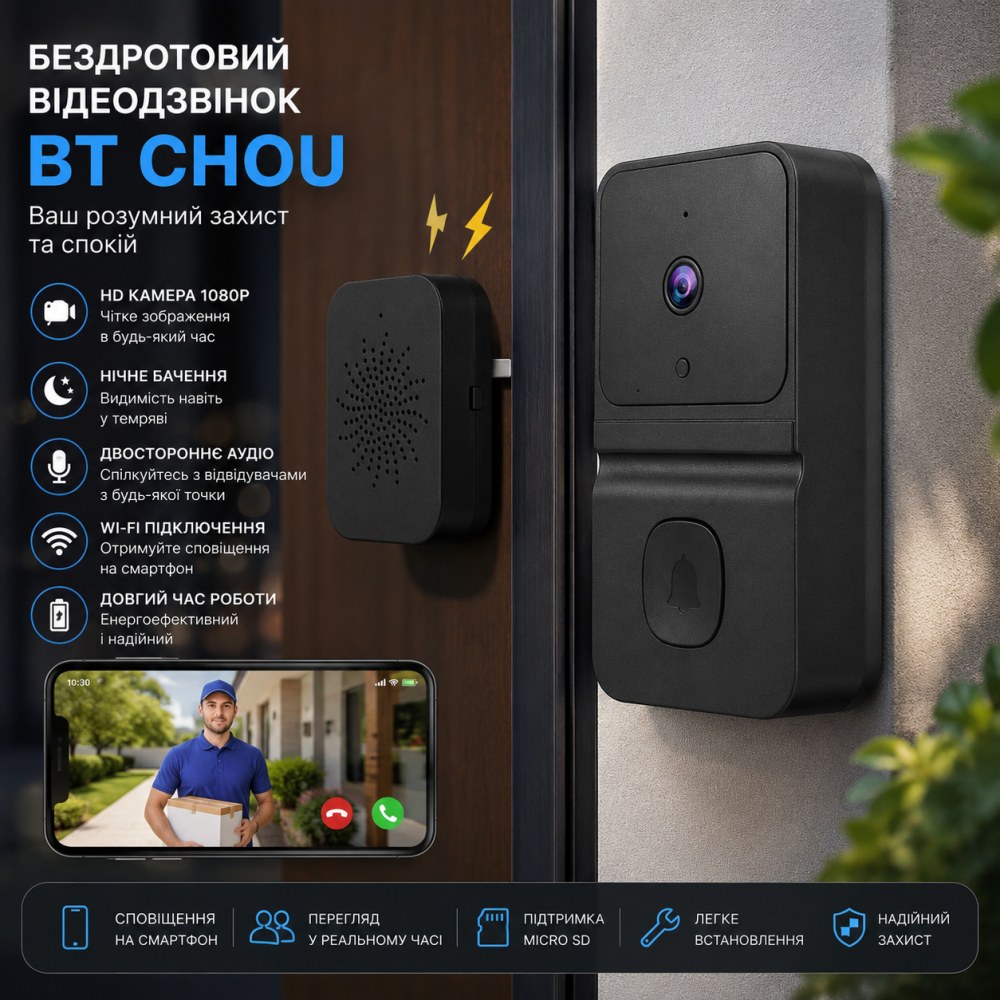 Бездротовий відеодзвінок BT Chou (Wi-Fi): Smart Doorbell з HD-камерою, нічним баченням та двостороннім аудіо Київ - фото 9