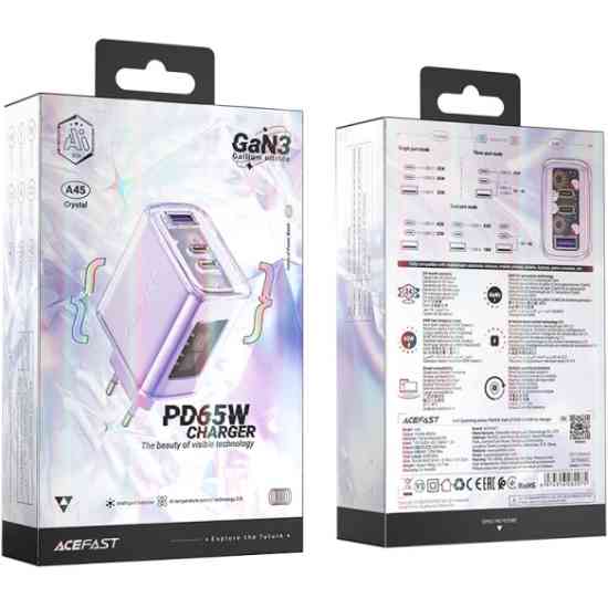 Зарядний пристрій 3xUSB 65W (2xUSB-C+USB-A) Gan A45 Fast Charger Purple alfalfa Acefast Винница