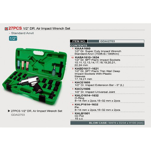 Гайковерт пневматичний з набором головок TOPTUL 1/2" 27ед. GDAI2703 Одеса - фото 2