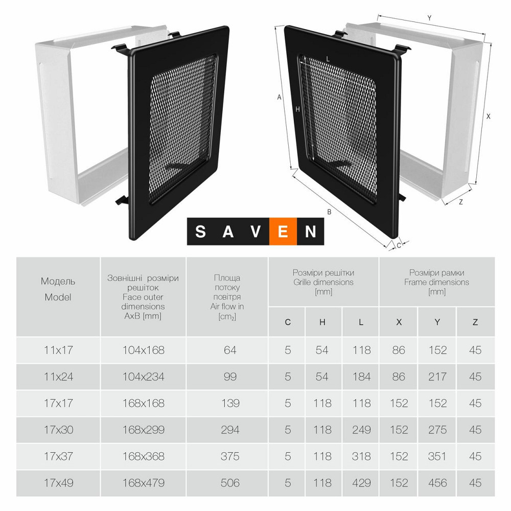 Вентиляційна решітка для каміна SAVEN 11х24 чорна Львів - фото 3